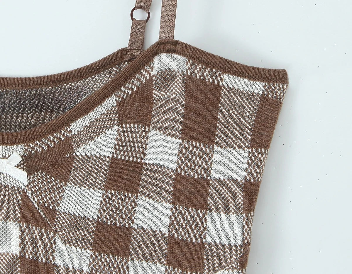 Knitted Plaid Strap Sleeveless Mini Dress