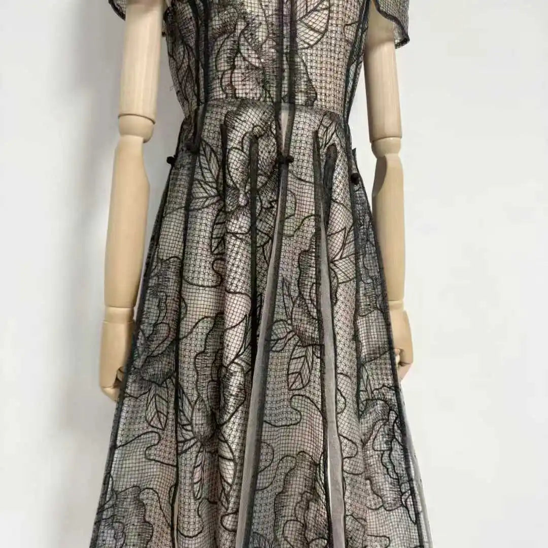 Sheer Black Floral Lace Short Sleeve Midi Dress