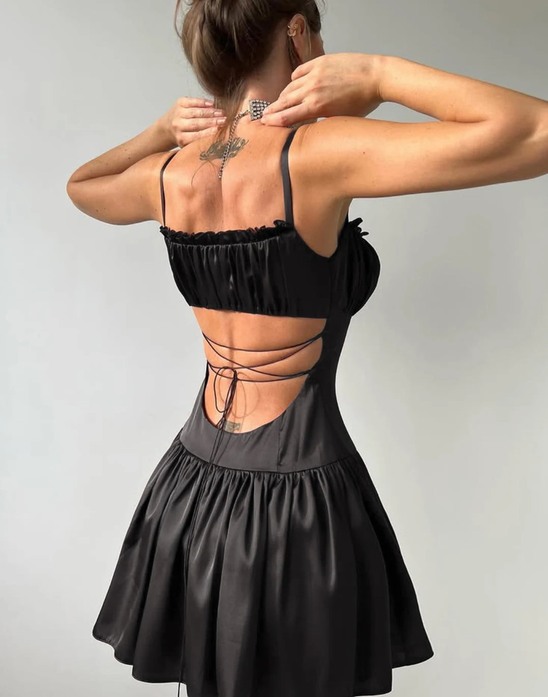Satin Lace-Up Back Ruffled Bust Mini Dress