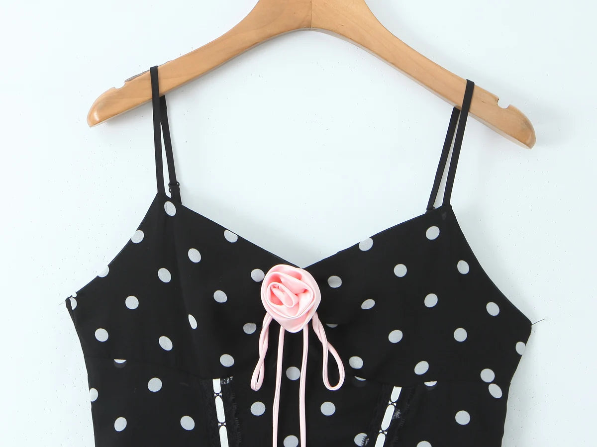 Polka Dot Corset Mini Dress with Pink Rose Applique
