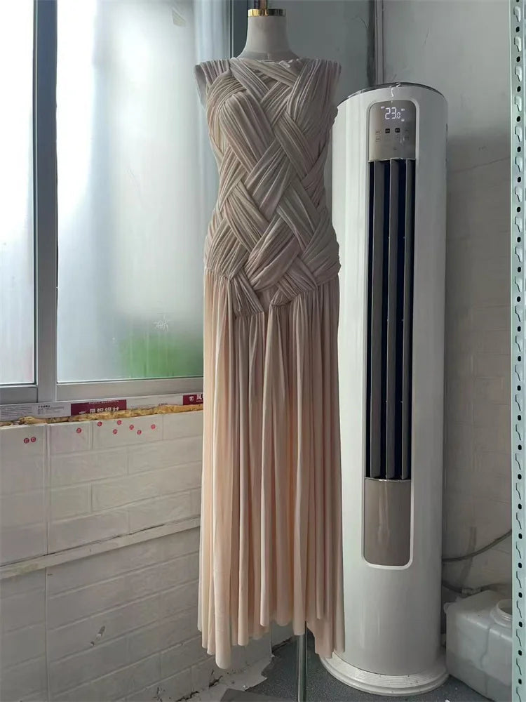 O-neck Sleeveless Knitting Slim Defied Waist Long Dress Knitted Split Holiday Autumn Dress