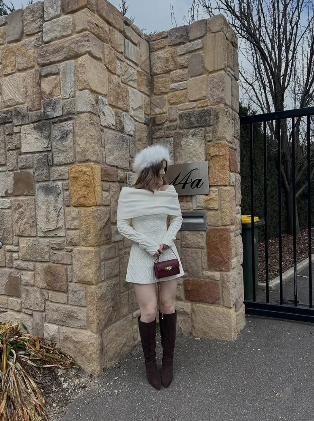 Knitted Solid Full Sleeve Striped Slash Neck Mini Dress