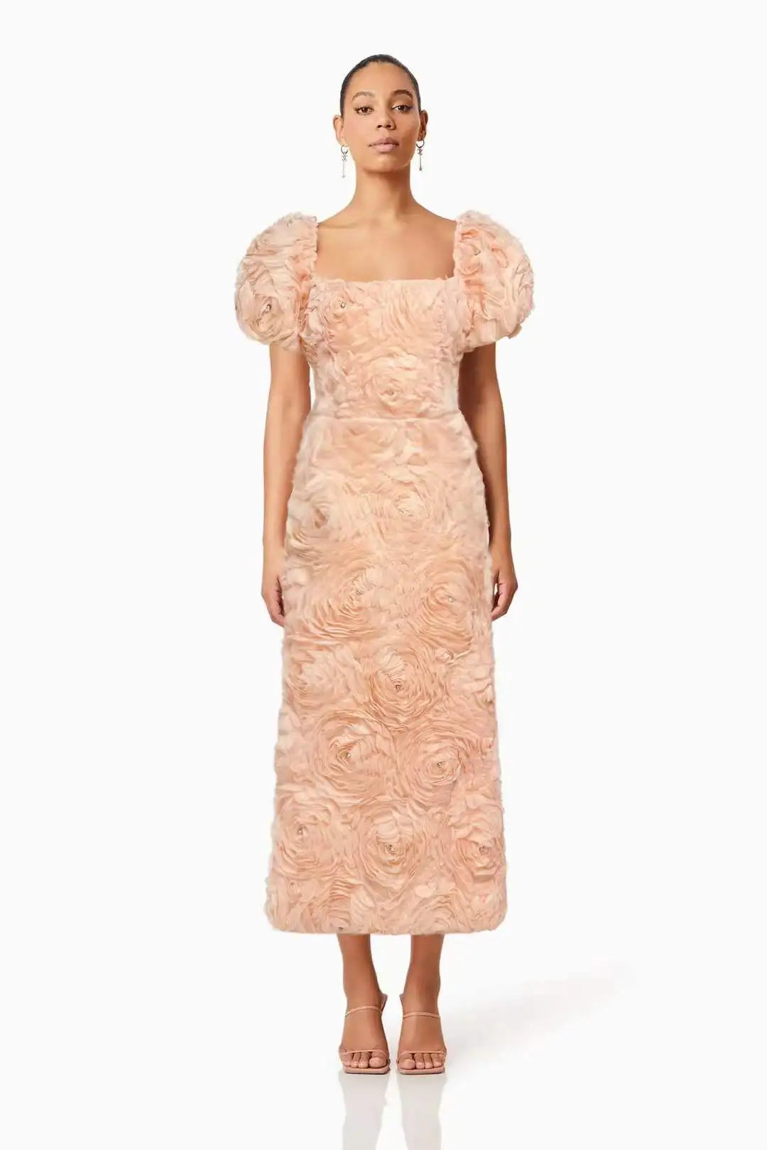 3D Floral Rose Puff Sleeve Square Neck Midi Dress