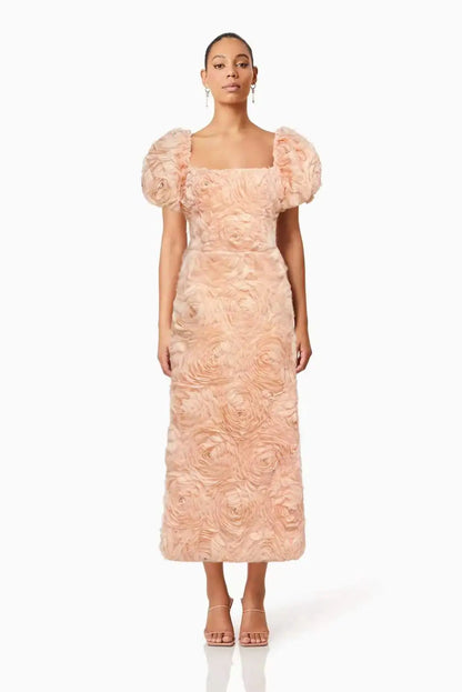 3D Floral Rose Puff Sleeve Square Neck Midi Dress