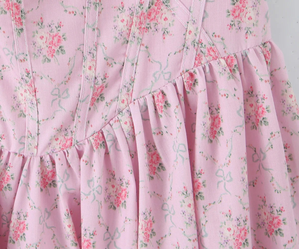 Floral Print Strap Sleeveless High Waist Lace-up Dress