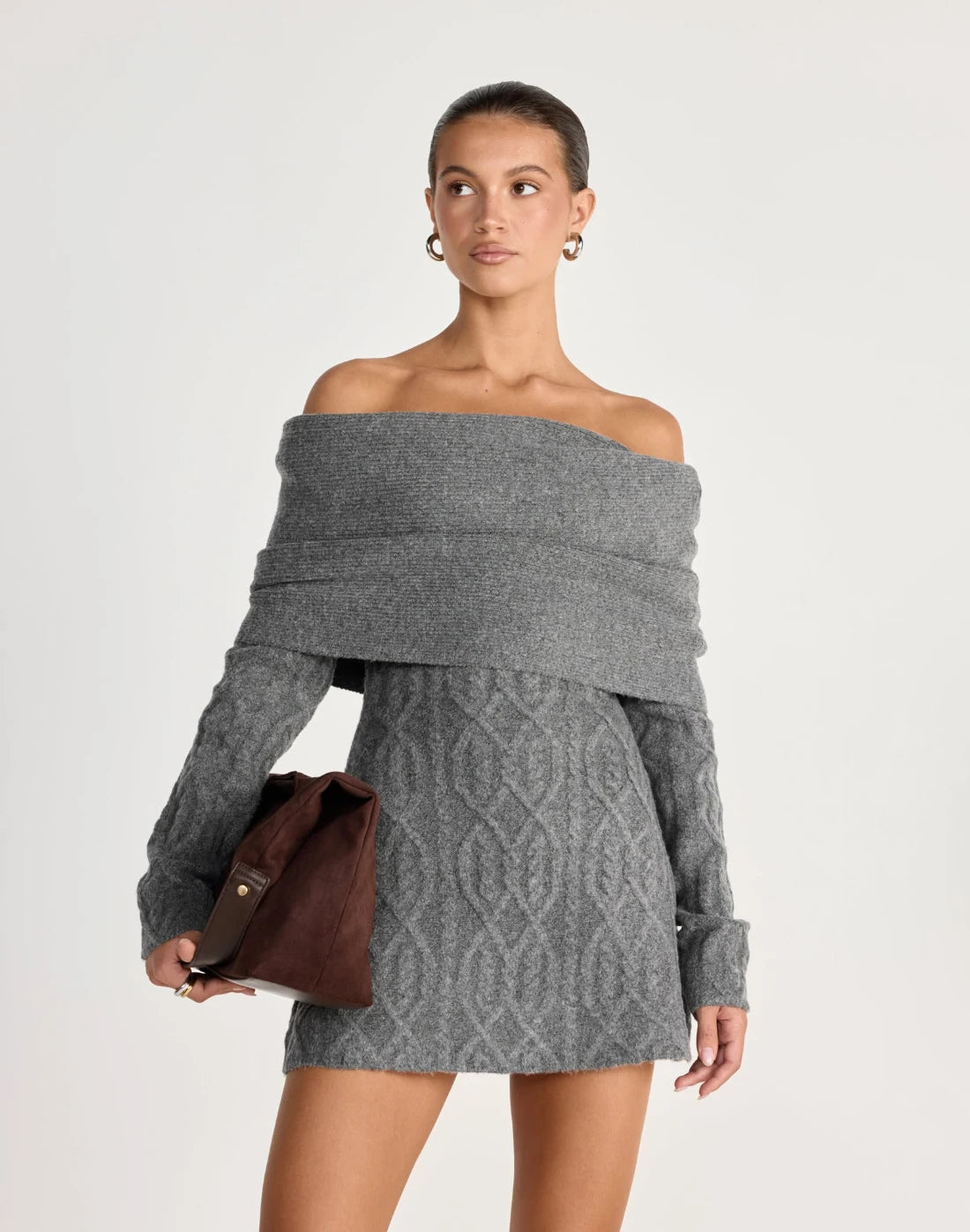 Knitted Solid Full Sleeve Striped Slash Neck Mini Dress