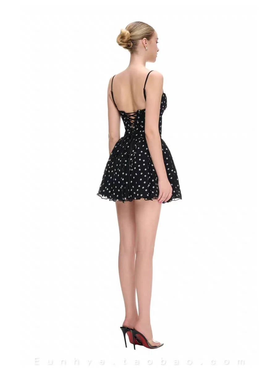 Polka Dot Corset Mini Dress with Pink Rose Applique