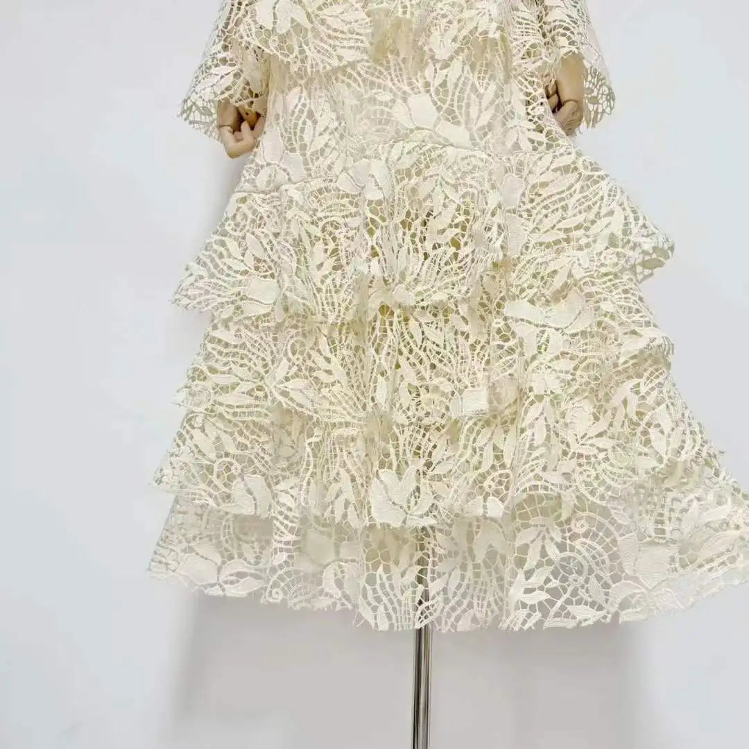 Cream/Pink Lace Tiered Midi Dress | High Neck Long Sleeve Elegant Dress