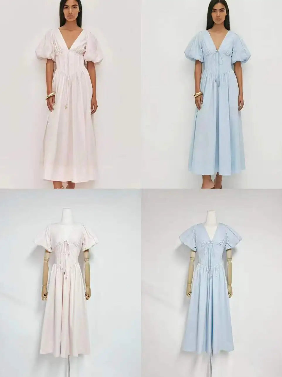 Puff Sleeve Corset V-Neck Midi Dress