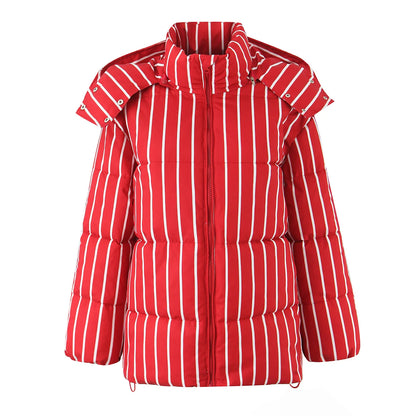 Street Loose Striped Thicken Hooded Cotton Jacket Long Sleeve Zipper Warm Coat