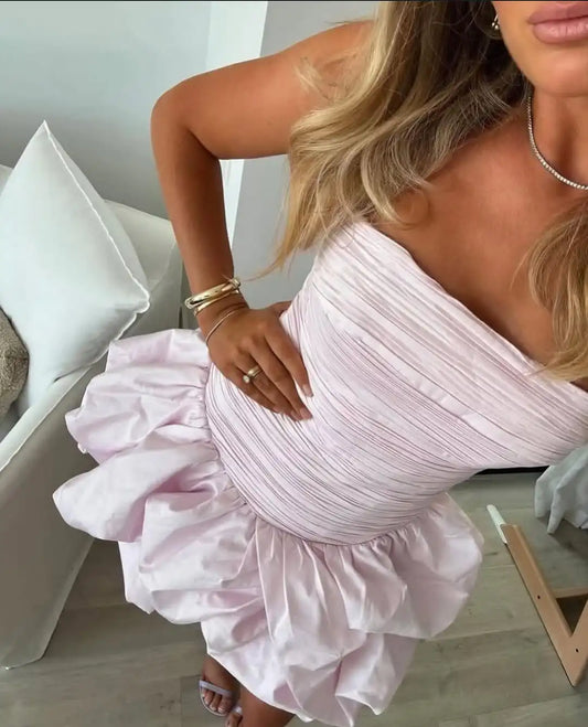 Pastel Pink Folds Sleeveless Bubble Hem Beach Mini Dress