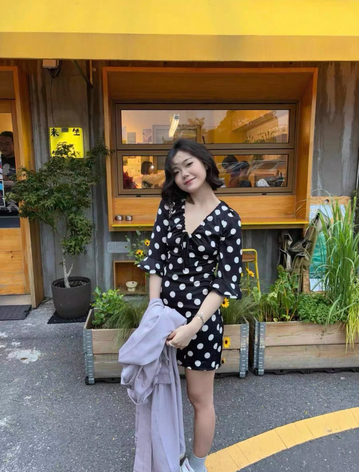 Polka Dot V-Neck Ruffle Sleeve Mini Dress