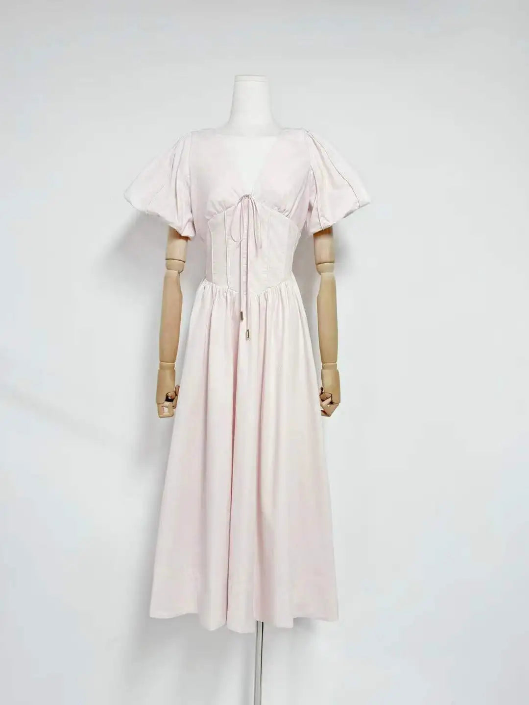 Puff Sleeve Corset V-Neck Midi Dress