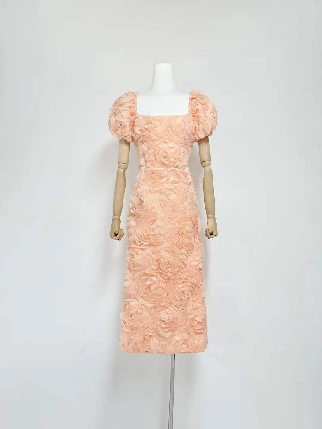 3D Floral Rose Puff Sleeve Square Neck Midi Dress