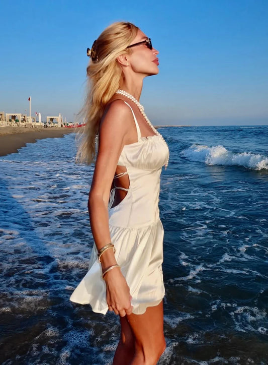 Satin Lace-Up Back Ruffled Bust Mini Dress