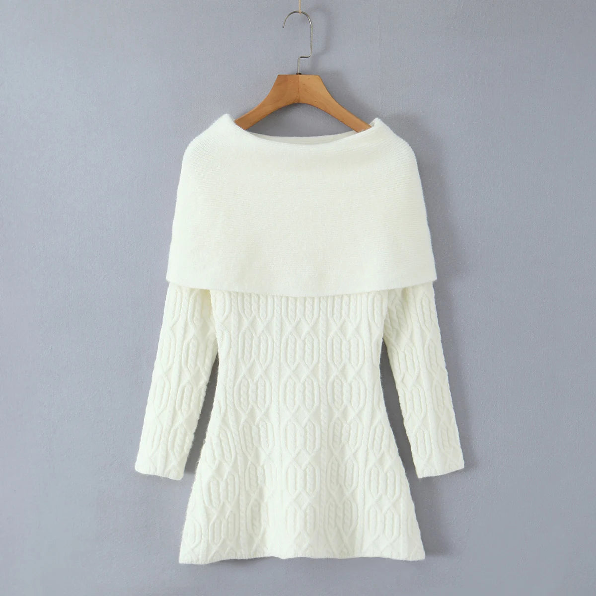 Knitted Solid Full Sleeve Striped Slash Neck Mini Dress