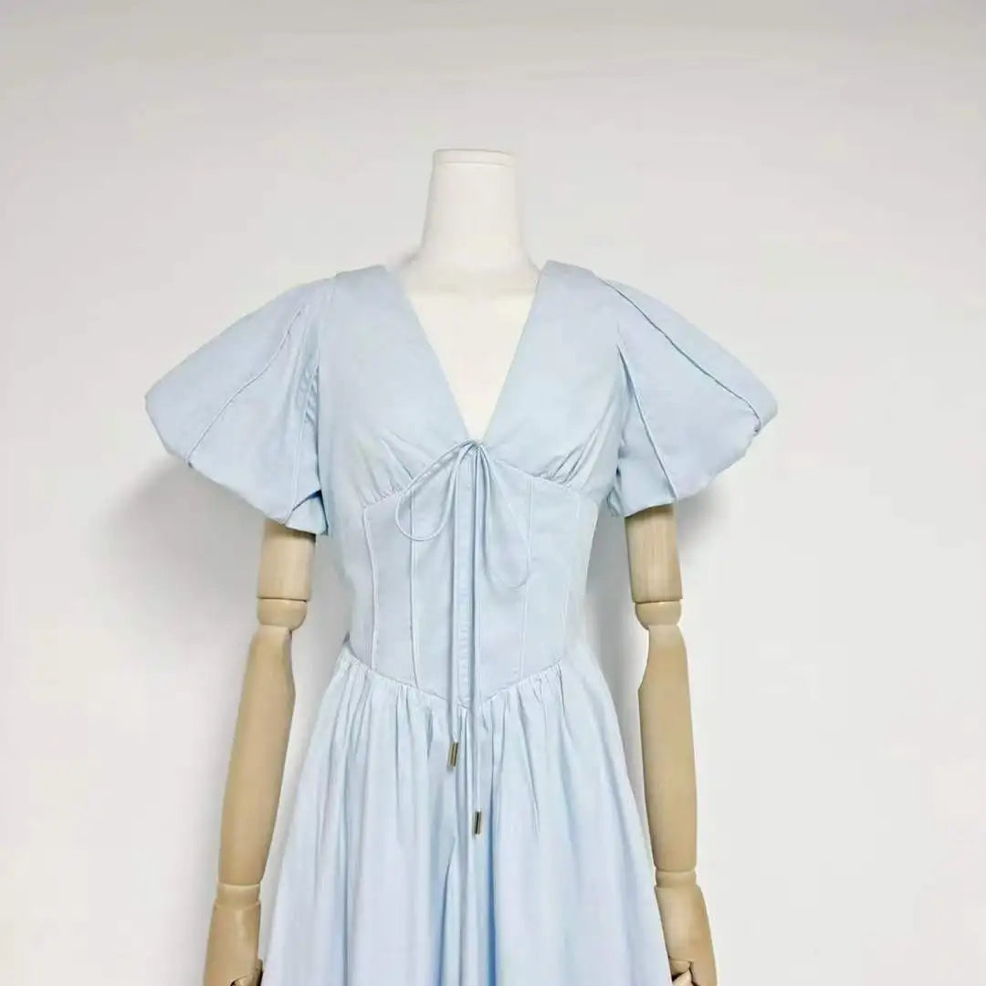 Puff Sleeve Corset V-Neck Midi Dress