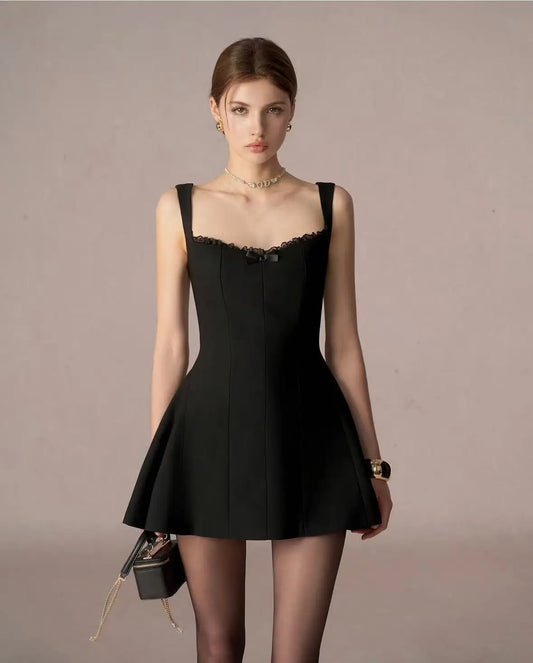 Lace Trim Bow Square Neck Fit-and-Flare Mini Dress