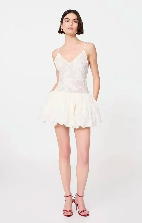 Textured Floral V-Neck Bubble Hem Mini Dress