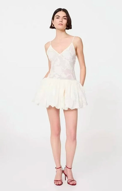 Textured Floral V-Neck Bubble Hem Mini Dress