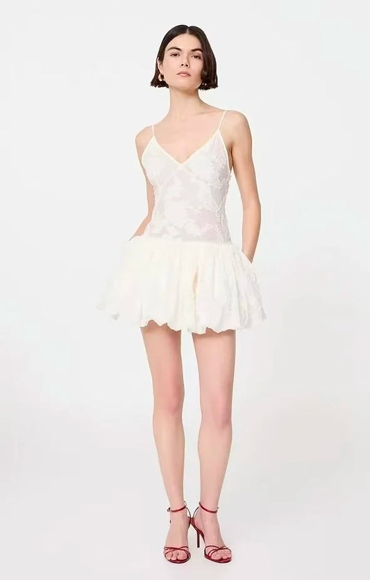 Textured Floral V-Neck Bubble Hem Mini Dress