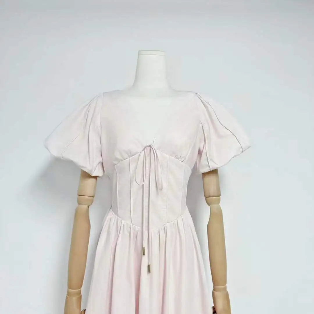 Puff Sleeve Corset V-Neck Midi Dress