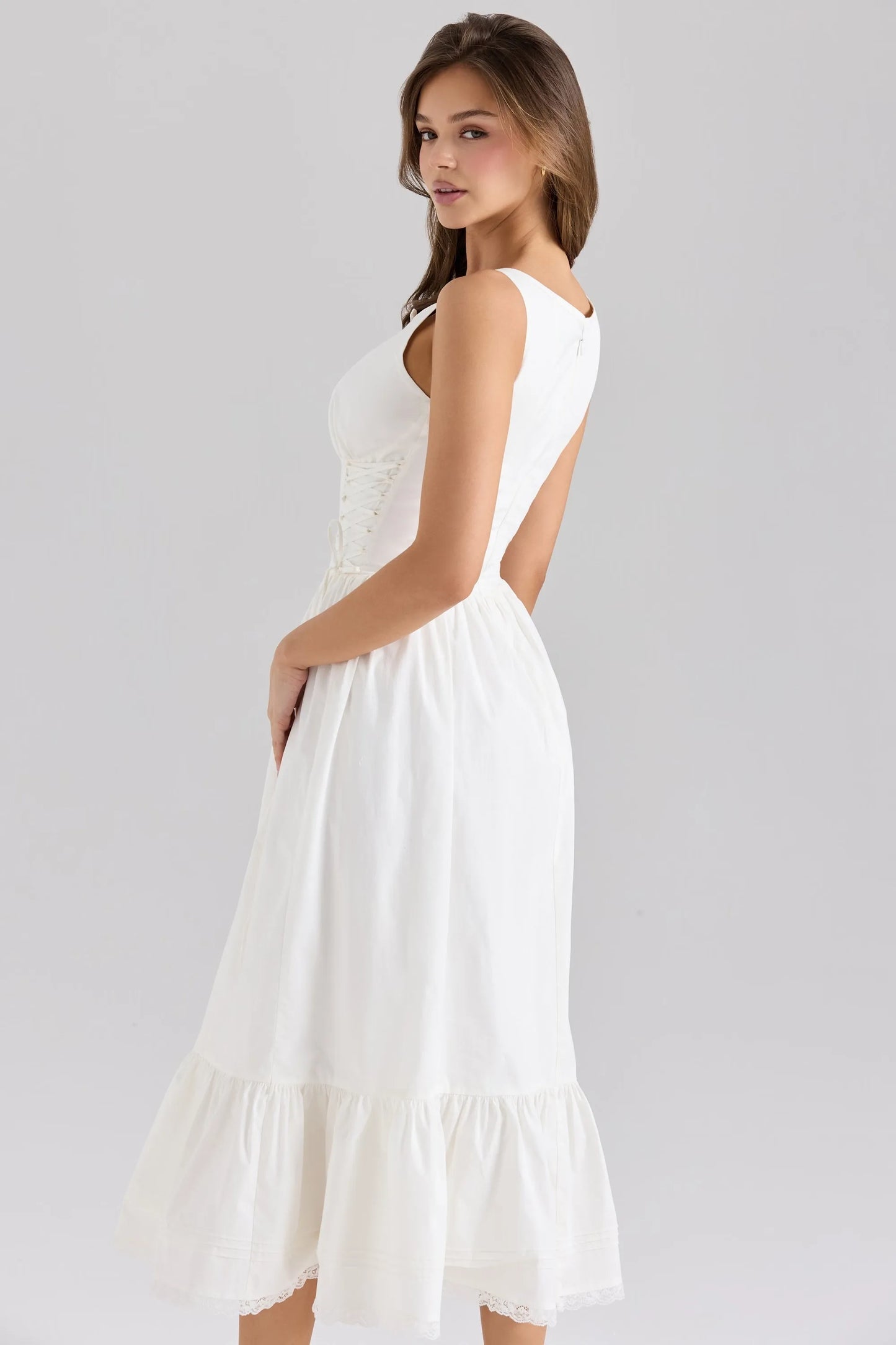 White Corset Lace-Up Tiered Midi Dress