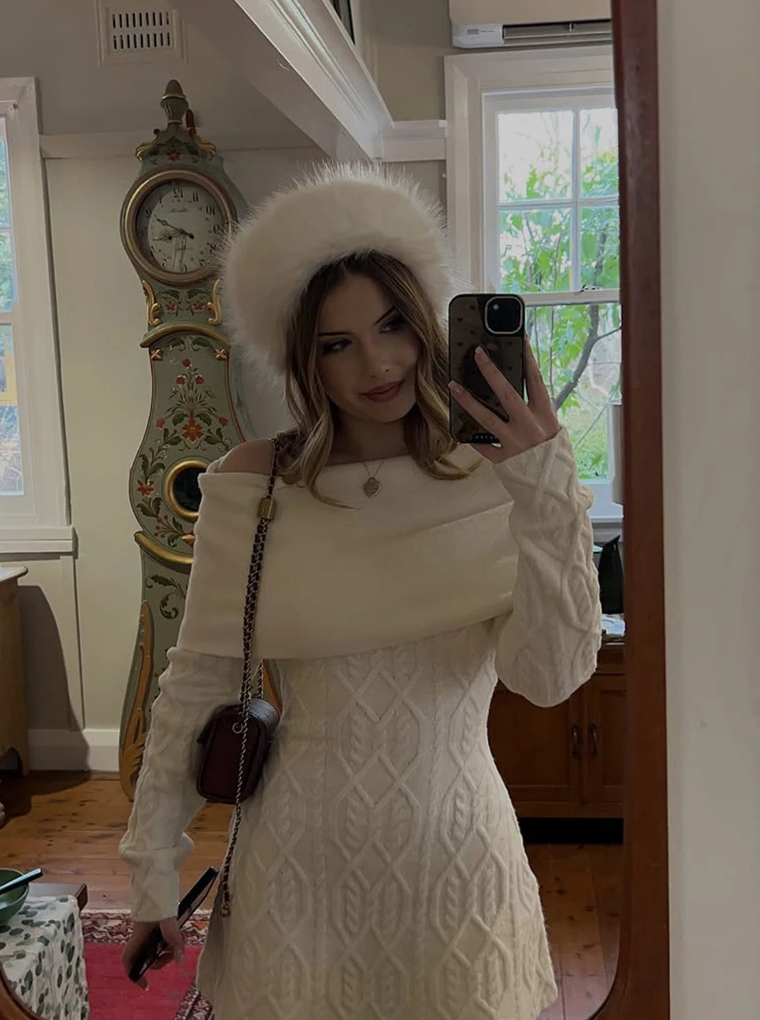 Knitted Solid Full Sleeve Striped Slash Neck Mini Dress