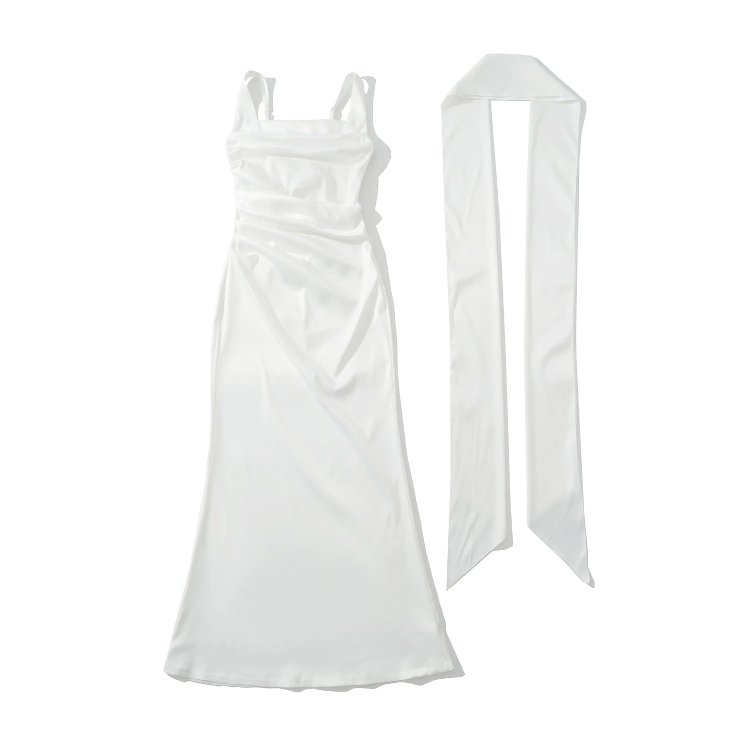 Satin Square Neck Ruched Waist Maxi Dress