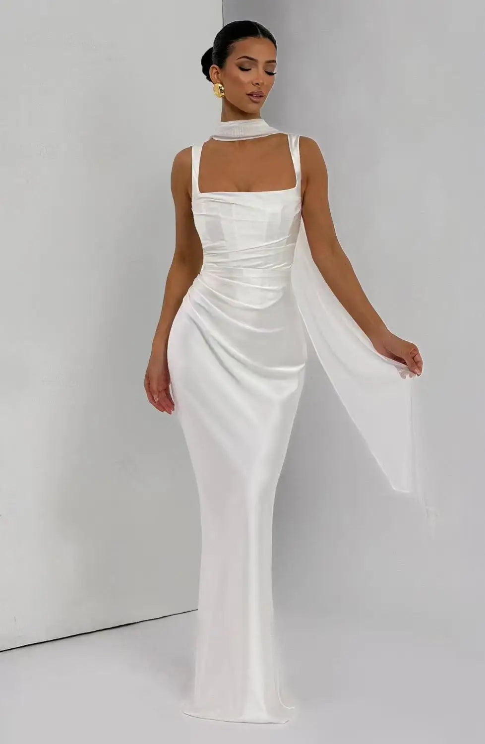 Satin Square Neck Ruched Waist Maxi Dress