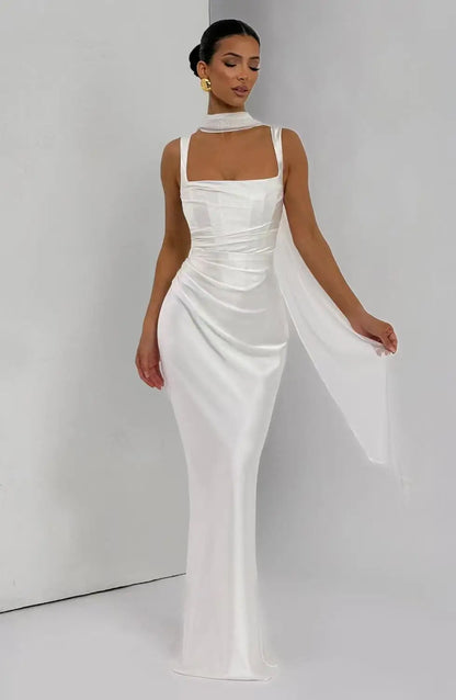 Satin Square Neck Ruched Waist Maxi Dress