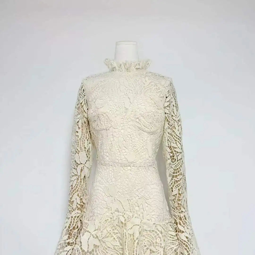 Cream/Pink Lace Tiered Midi Dress | High Neck Long Sleeve Elegant Dress