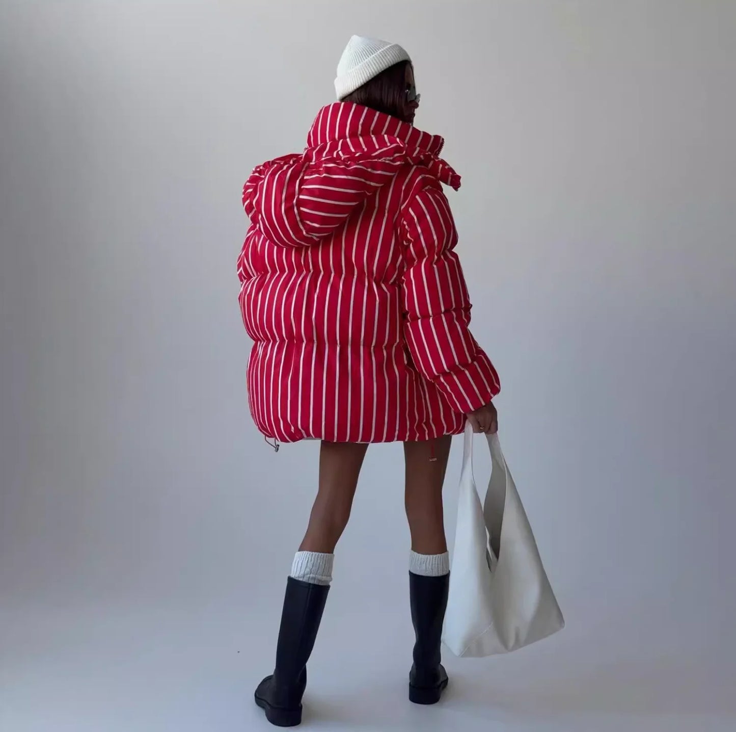 Street Loose Striped Thicken Hooded Cotton Jacket Long Sleeve Zipper Warm Coat