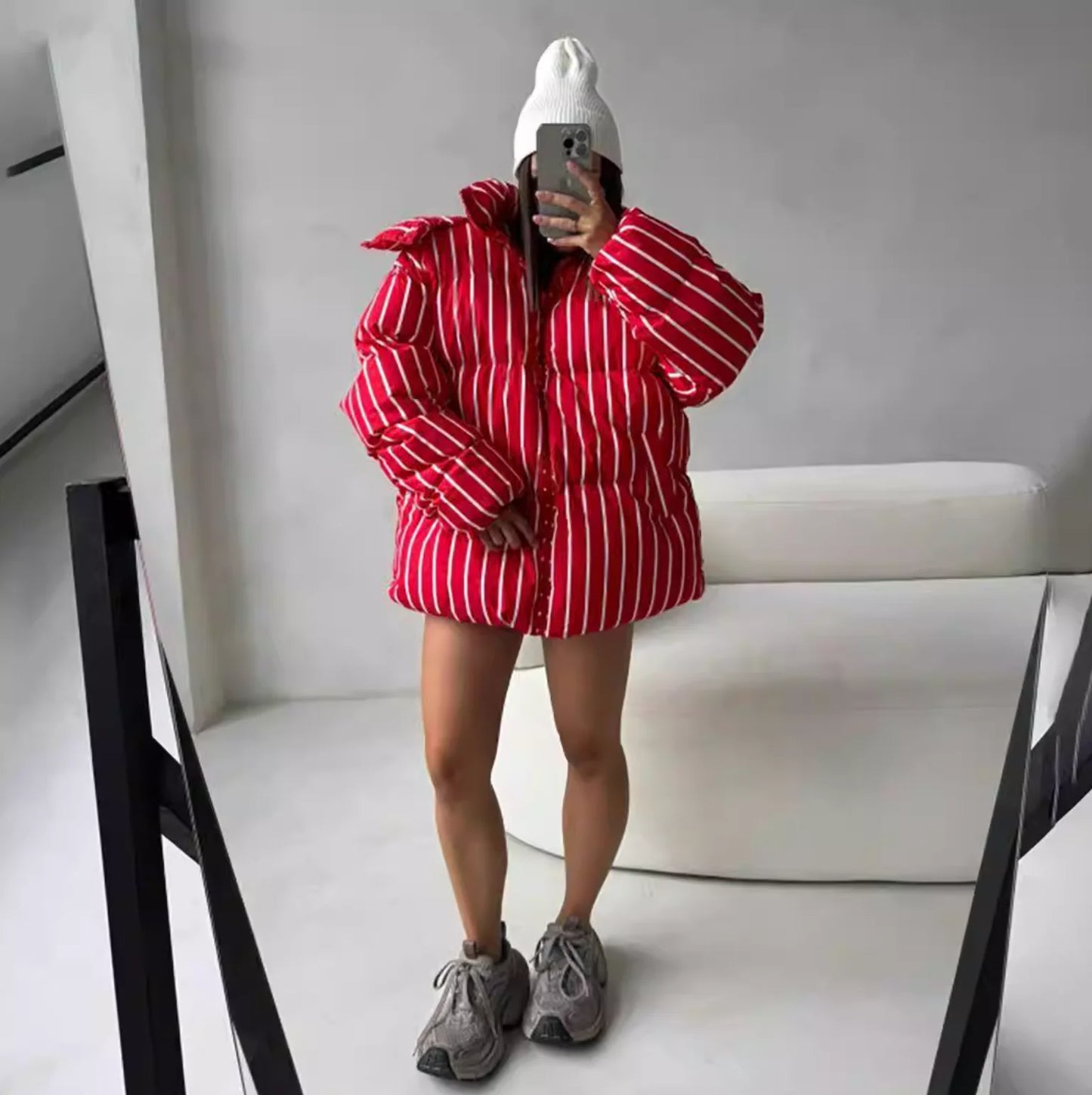 Street Loose Striped Thicken Hooded Cotton Jacket Long Sleeve Zipper Warm Coat