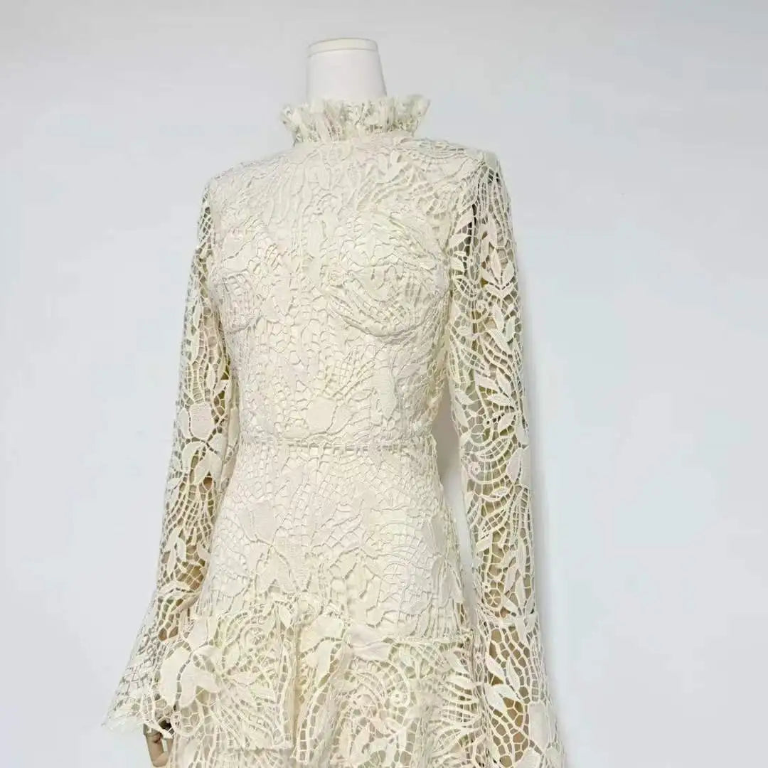 Cream/Pink Lace Tiered Midi Dress | High Neck Long Sleeve Elegant Dress