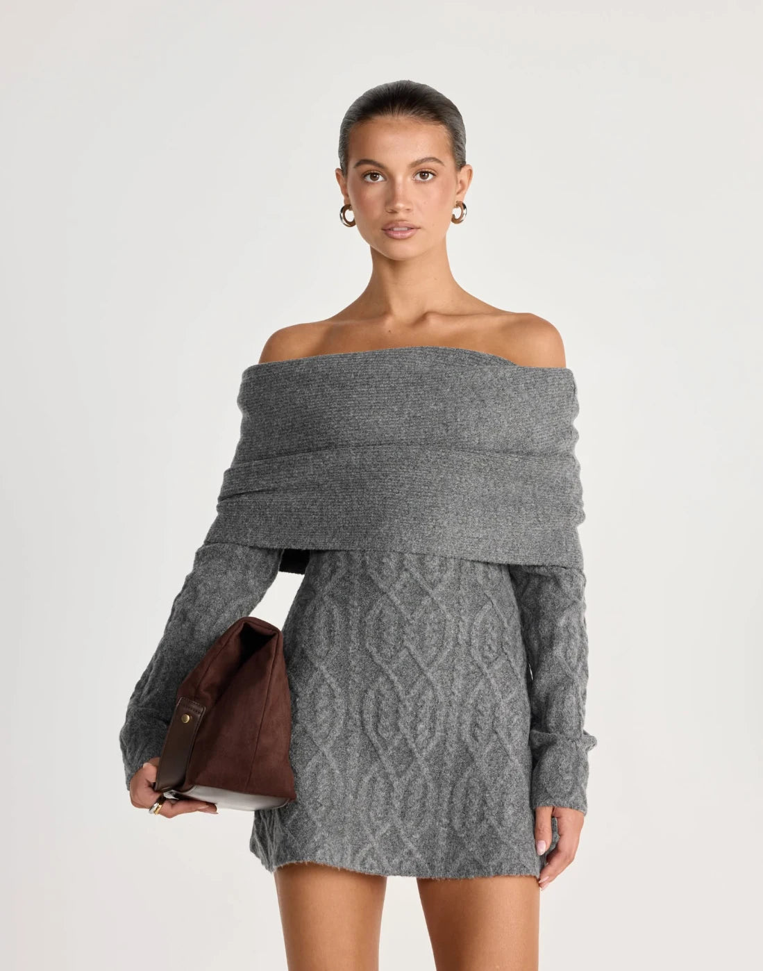 Knitted Solid Full Sleeve Striped Slash Neck Mini Dress