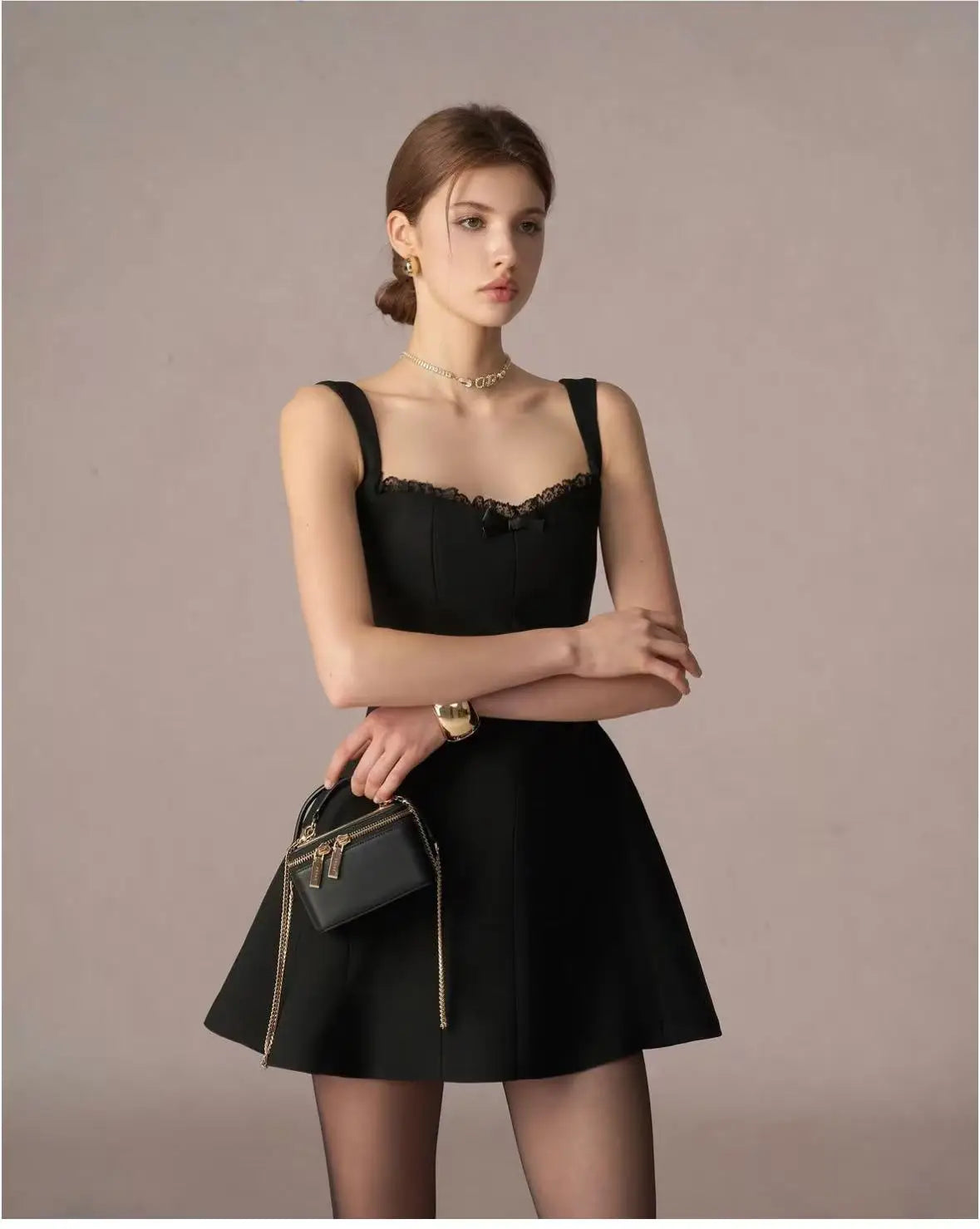 Lace Trim Bow Square Neck Fit-and-Flare Mini Dress