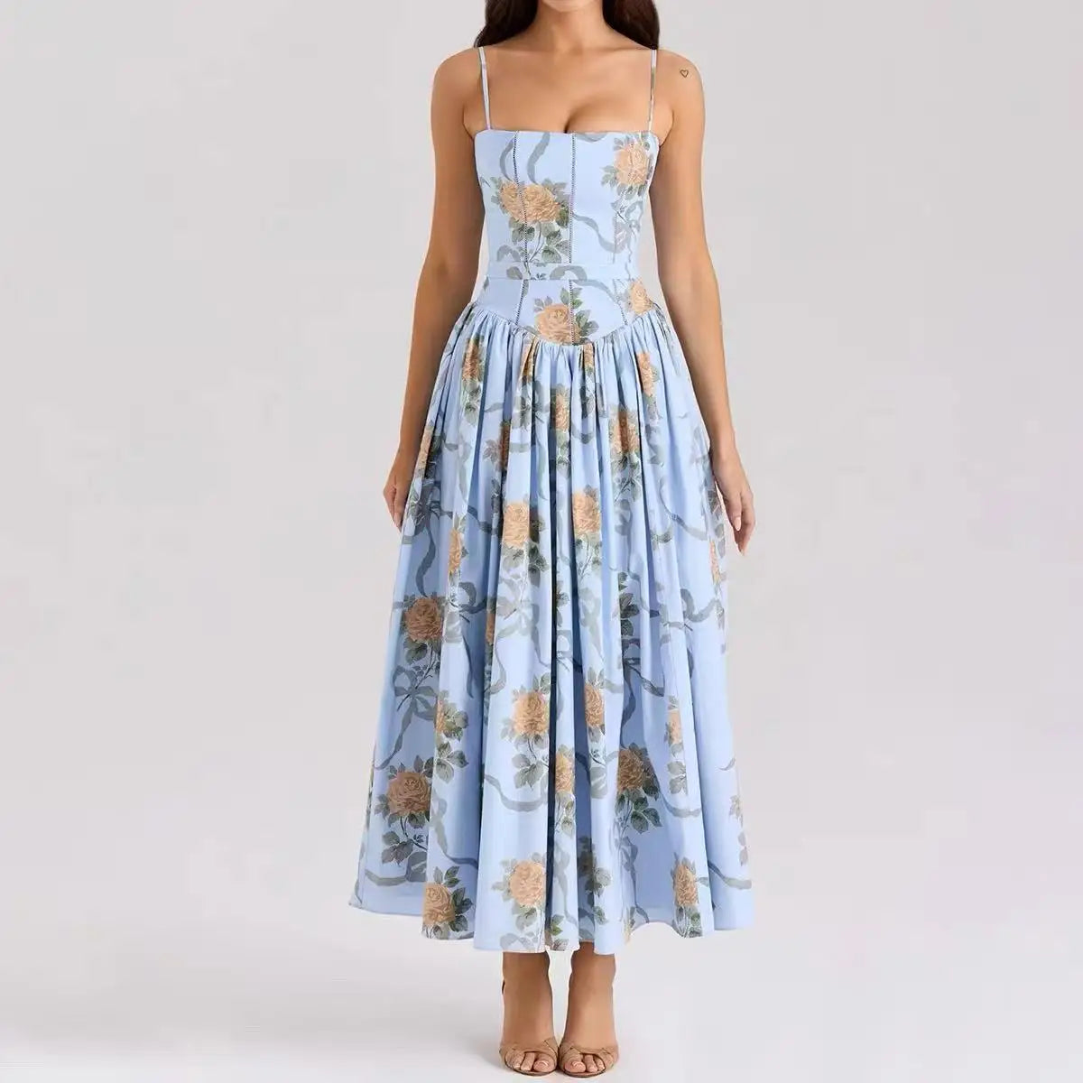 Floral Rose Print Corset Bust Midi Dress