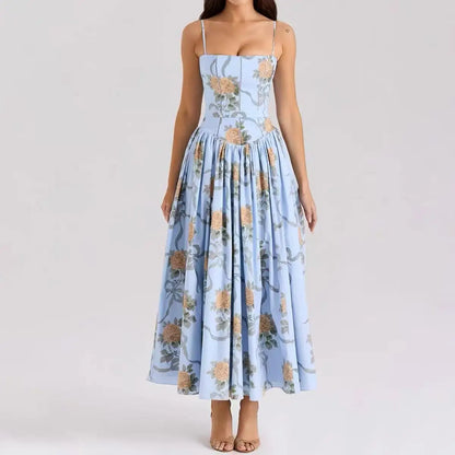 Floral Rose Print Corset Bust Midi Dress