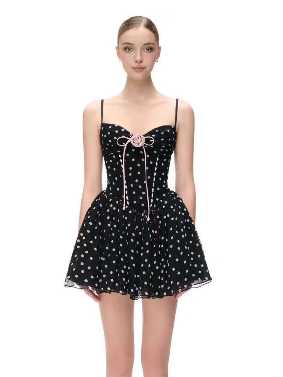 Polka Dot Corset Mini Dress with Pink Rose Applique