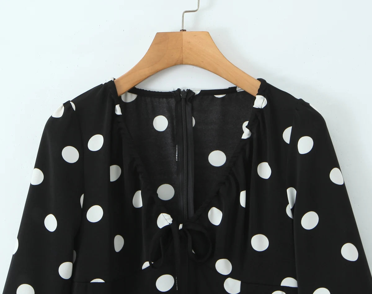 Polka Dot V-Neck Ruffle Sleeve Mini Dress