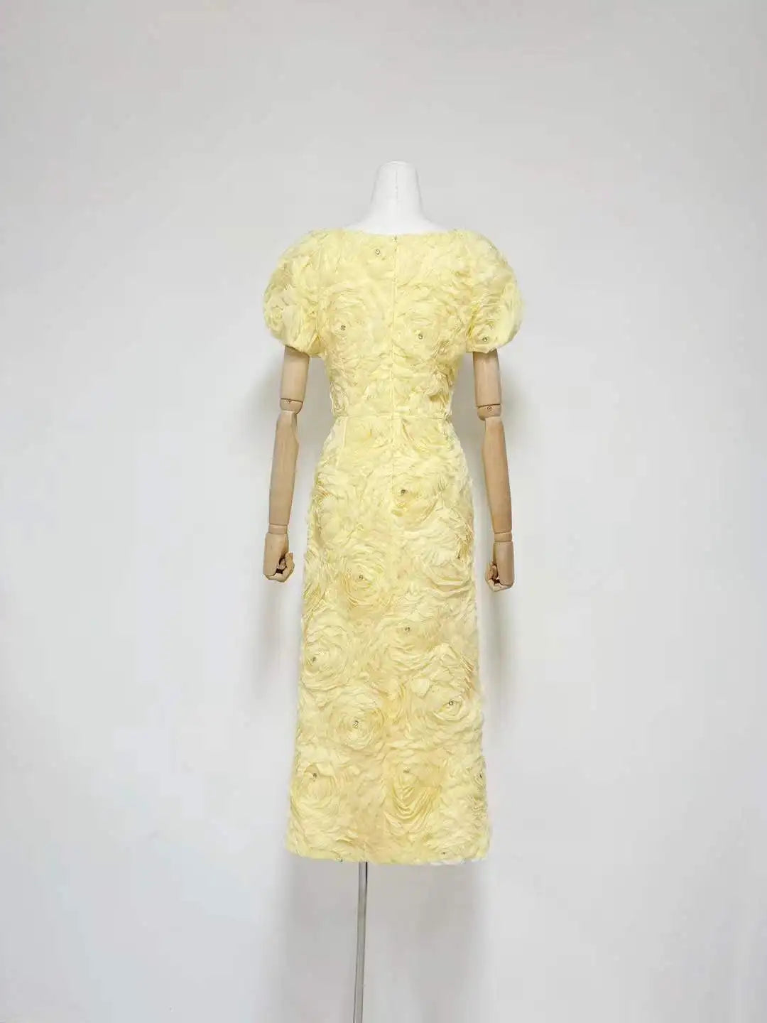 3D Floral Rose Puff Sleeve Square Neck Midi Dress