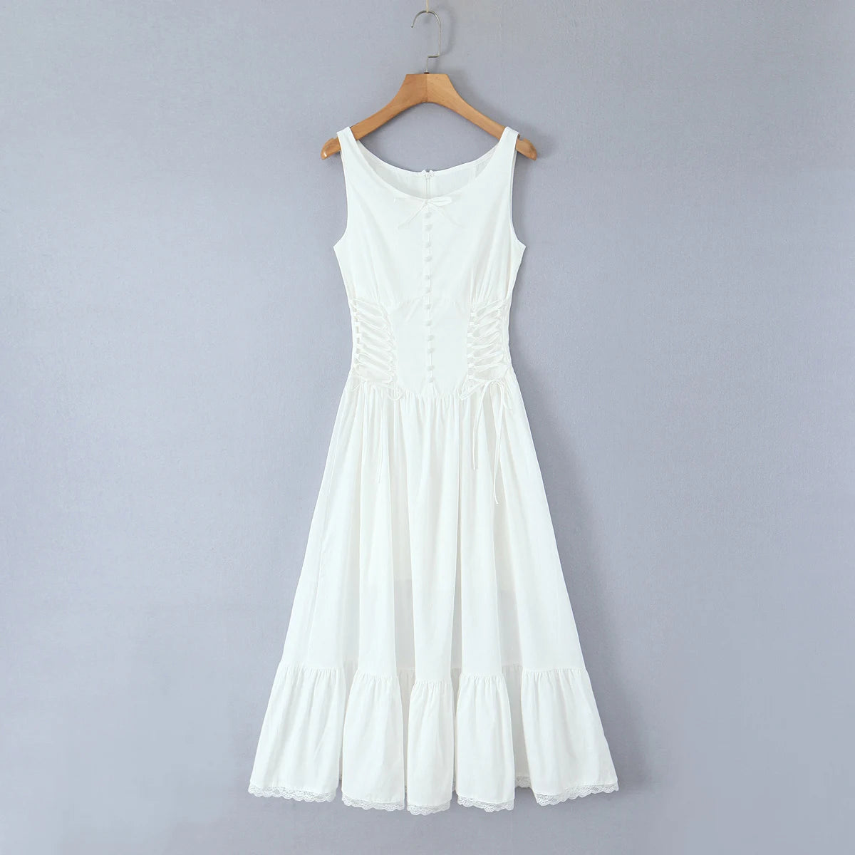 White Corset Lace-Up Tiered Midi Dress