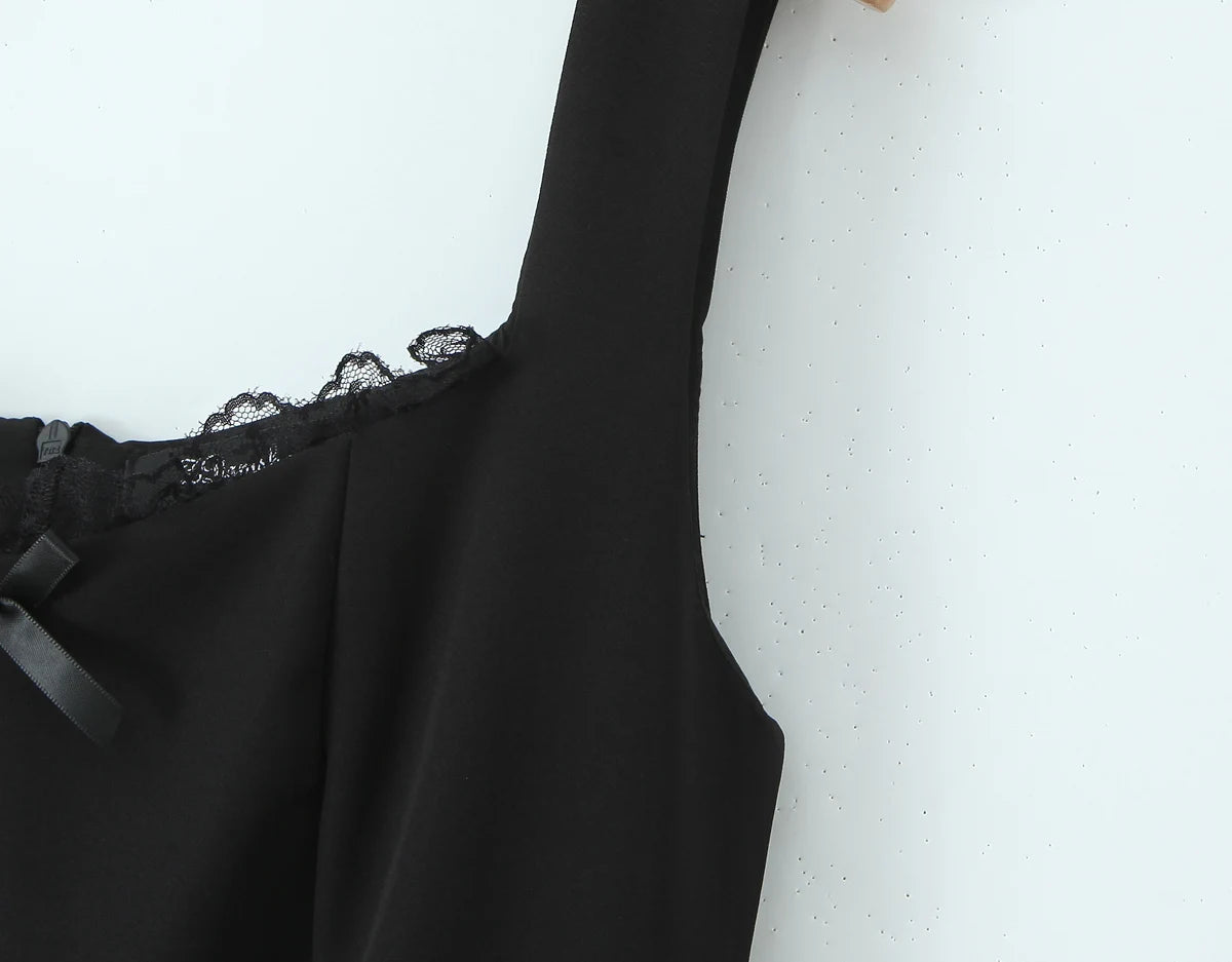 Lace Trim Bow Square Neck Fit-and-Flare Mini Dress