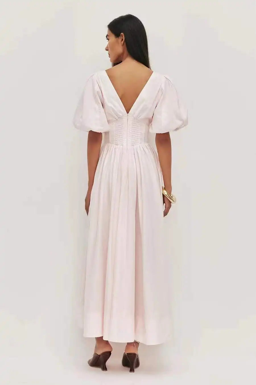 Puff Sleeve Corset V-Neck Midi Dress