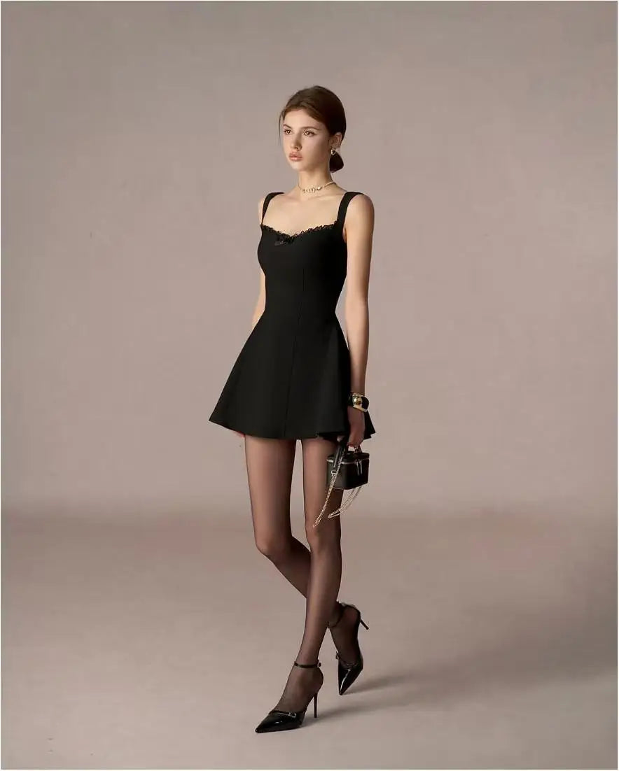 Lace Trim Bow Square Neck Fit-and-Flare Mini Dress