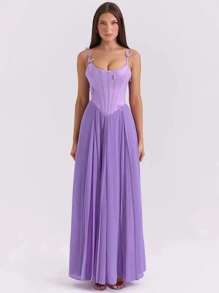 Butterfly Applique Corset Chiffon Maxi Dress