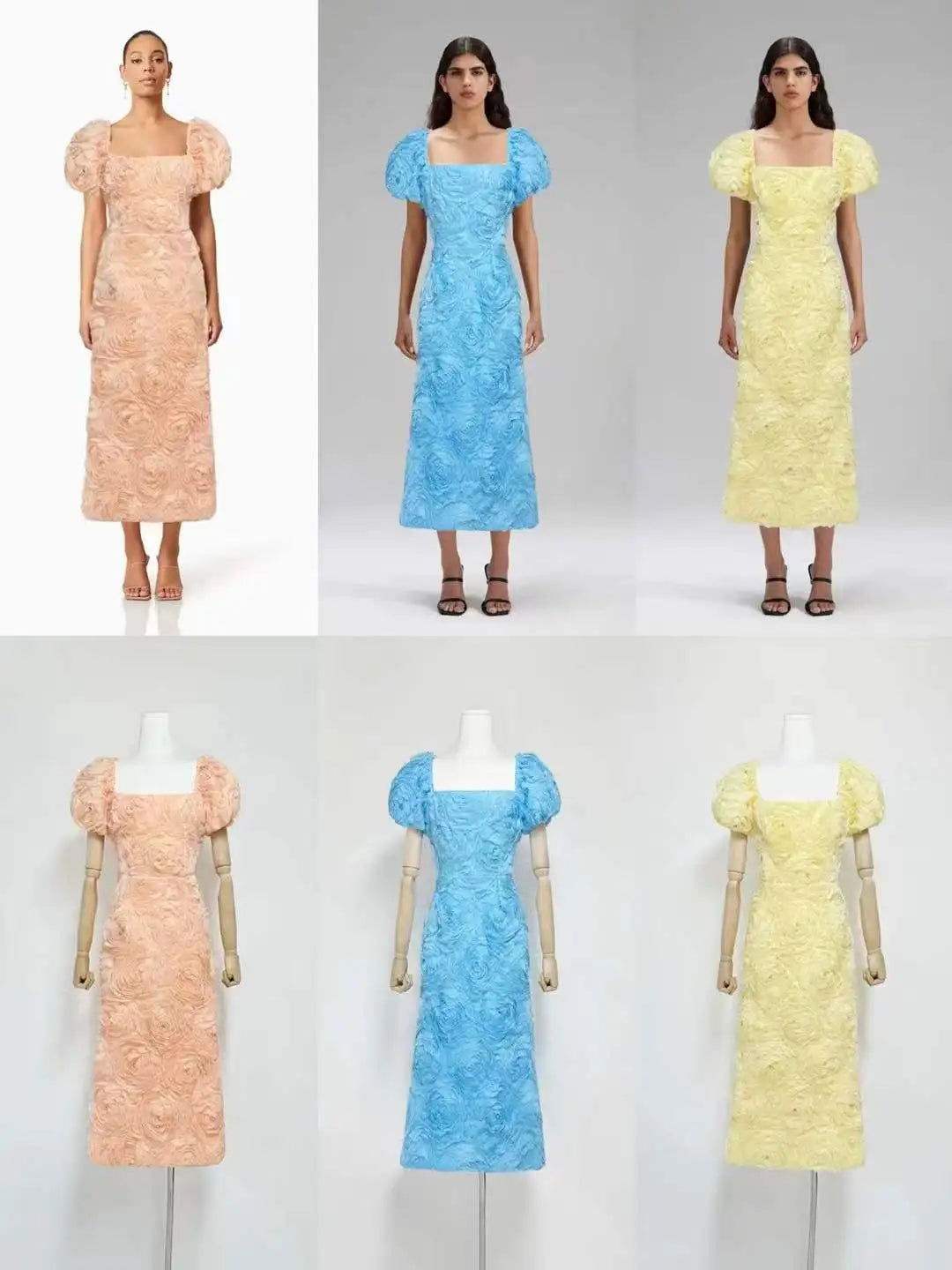 3D Floral Rose Puff Sleeve Square Neck Midi Dress