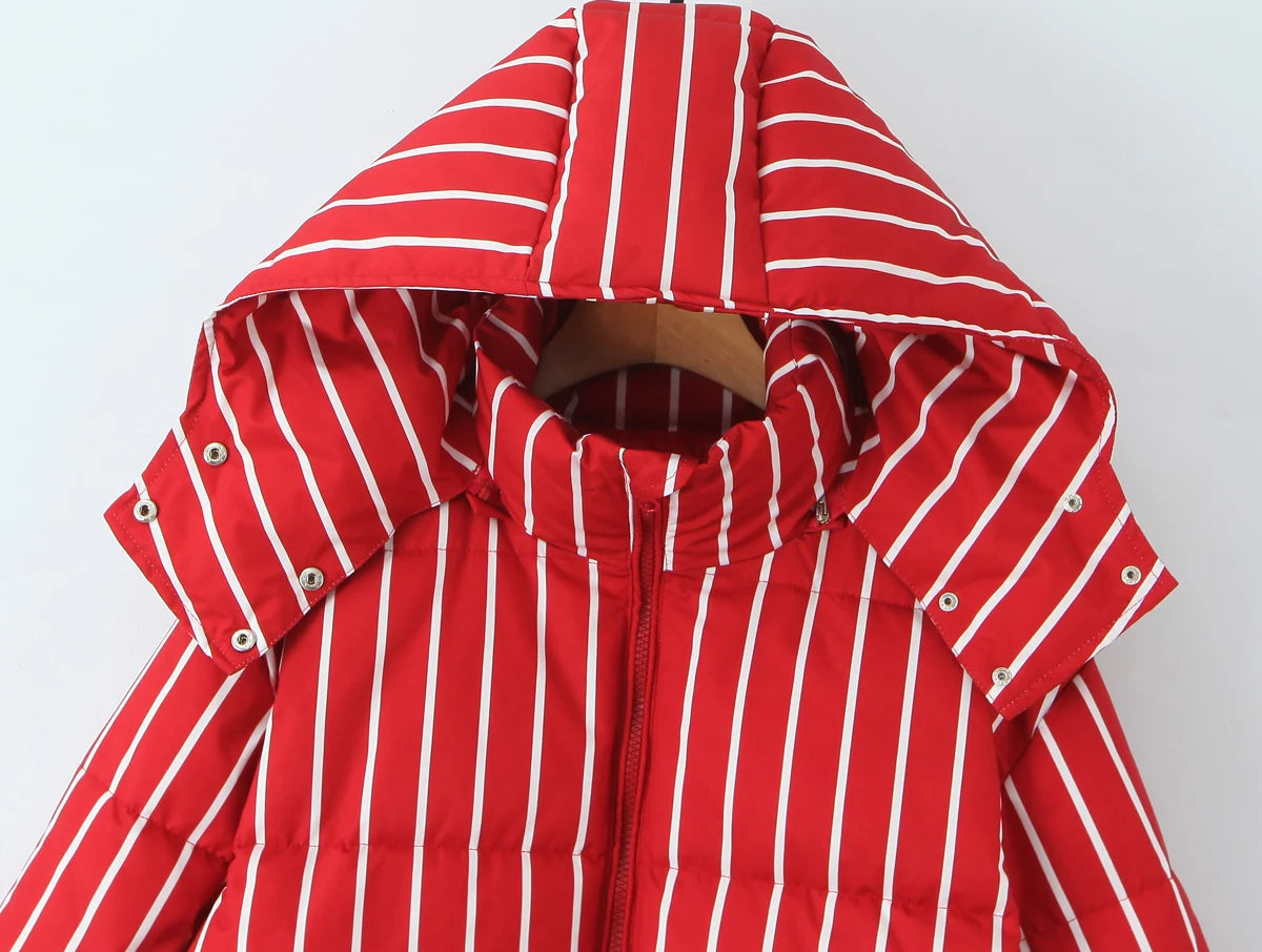 Street Loose Striped Thicken Hooded Cotton Jacket Long Sleeve Zipper Warm Coat