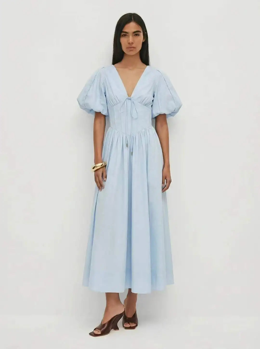 Puff Sleeve Corset V-Neck Midi Dress